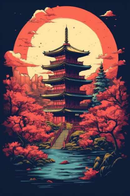 Ilustración templo japonés o pagoda asiática y montañas en el fondo Generativo ai