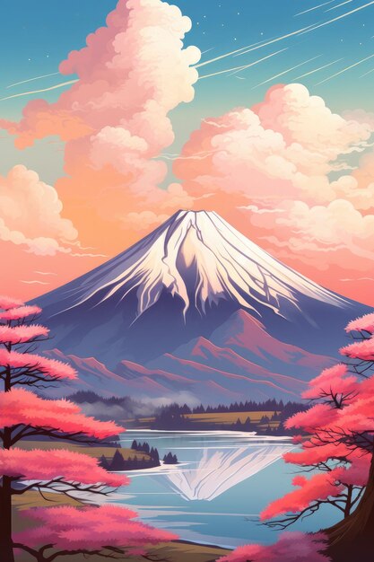 Ilustración templo japonés o pagoda asiática y montañas Fuji en el fondo Generativo ai