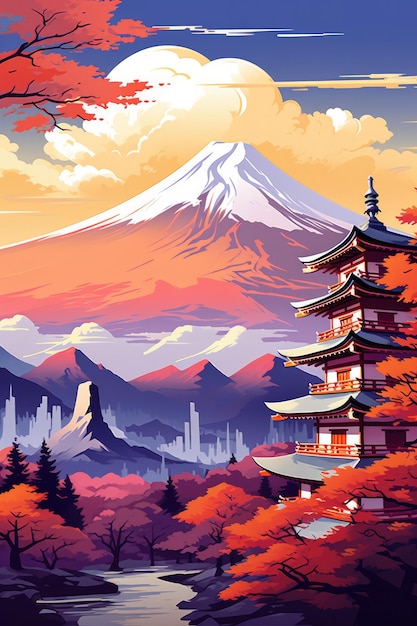 Ilustración templo japonés o pagoda asiática y montañas Fuji en el fondo Generativo ai