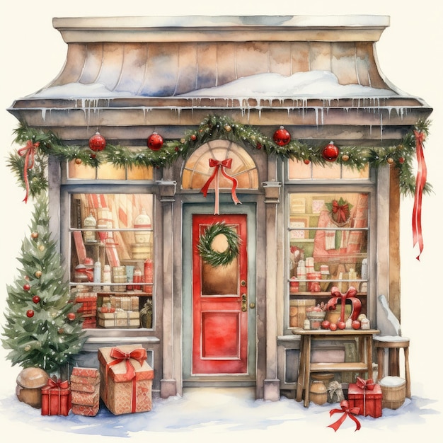 Ilustración de una tienda navideña de acuarela en fondo blanco