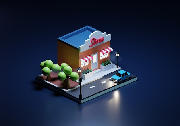 Ilustración de una tienda por la noche en estilo isométrico.