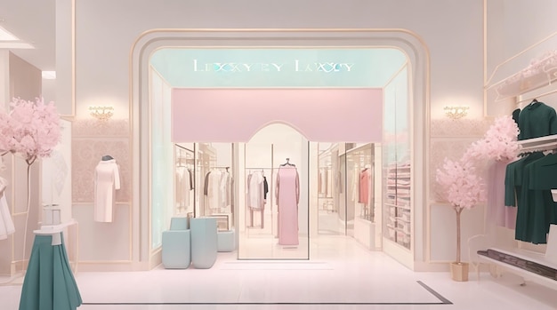 Ilustración de una tienda de ropa de lujo decorada con un diseño de interiores en colores pastel.