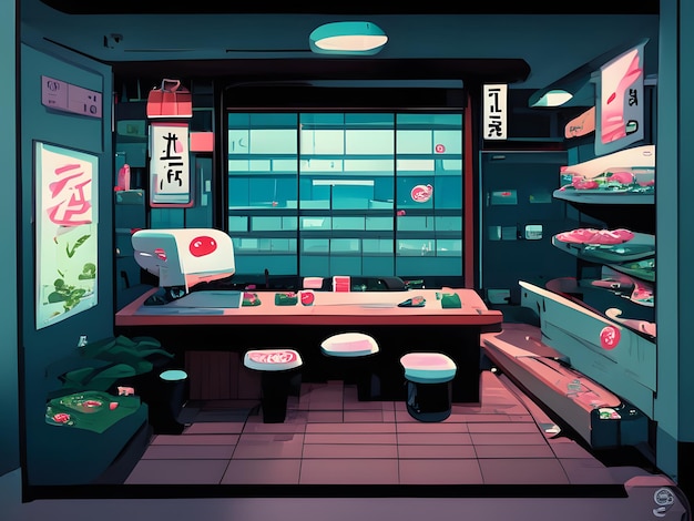 Ilustración de tienda de sushi.