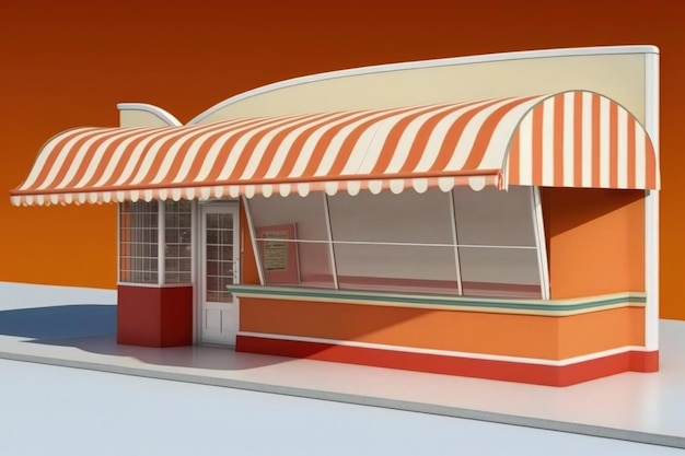 Ilustración de tienda con toldo rojo y blanco fondo naranja IA generativa