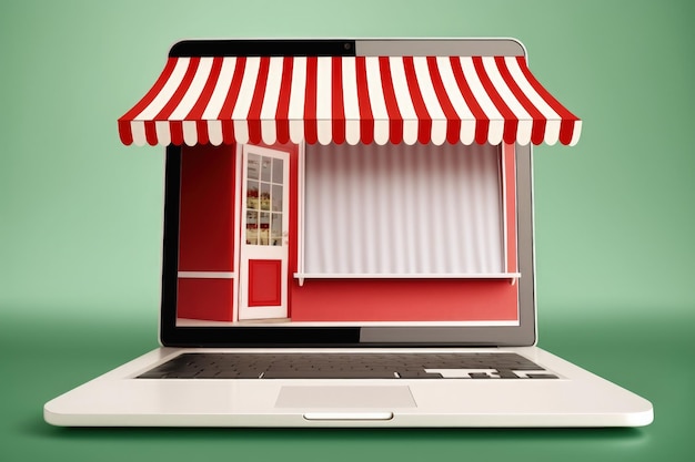 Ilustración de la tienda con toldo rojo y blanco en el fondo de la pantalla del portátil IA generativa