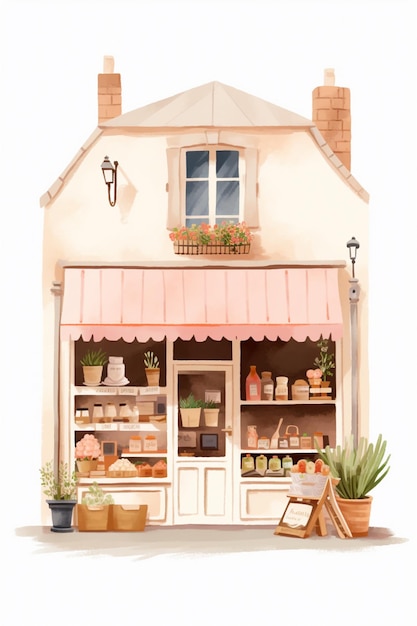 ilustración de una tienda con un toldo rosa y una silla generativa ai