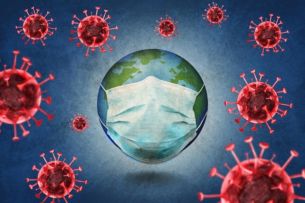 Ilustración de la Tierra con máscara médica sobre fondo azul Brote de coronavirus