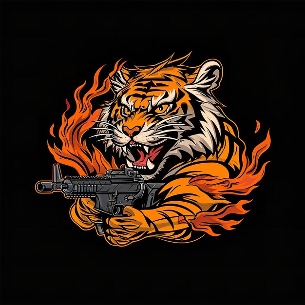 una ilustración de un tigre con un arma en la boca puesta contra un fondo negro