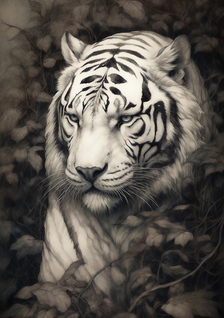 Ilustración de un tigre blanco en un escenario ficticio para el marco Arte conceptual de animales salvajes