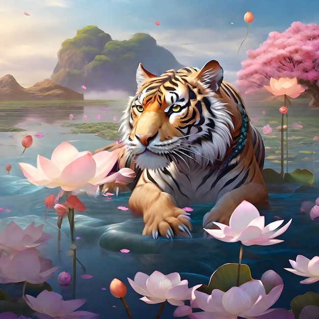 Ilustración de tigre etéreo en flores de loto una imagen de fantasía de campo IA Generar imagen