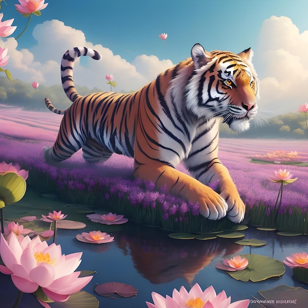 Ilustración de tigre etéreo en flores de loto una imagen de fantasía de campo IA Generar imagen