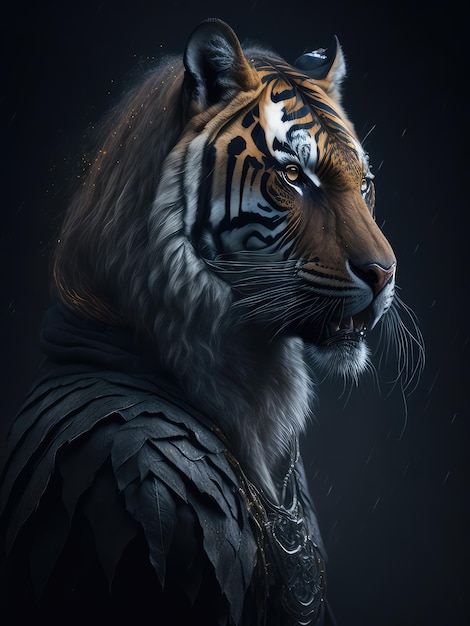 Ilustración de un tigre feroz con armadura y exhalando humo creado con tecnología de IA generativa