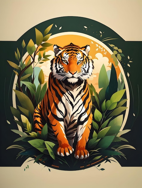 Foto ilustración de un tigre en el fondo de la naturaleza para el diseño de camisetas