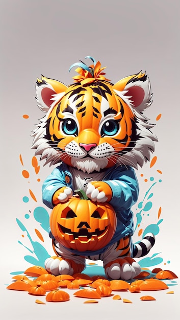 Ilustración Tigre kawaii jugando con una pequeña calabaza Vista lateral de Halloween pegatina blanca limpia