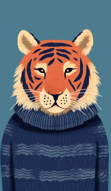 Foto ilustración de un tigre que lleva un suéter y un cuello de suéter generativo ai