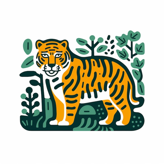 ilustración de un tigre en la selva con plantas y árboles generativos ai