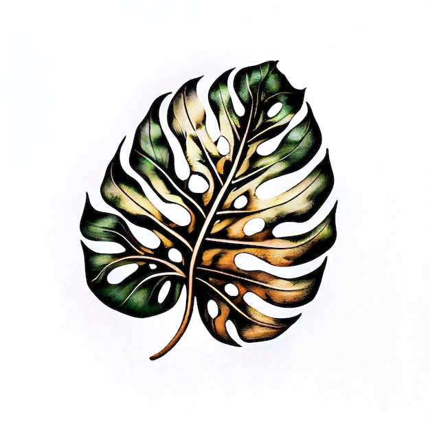 Ilustración de tinta dibujada a mano de hoja de Monstera en técnica de punteado Tatuaje floral de arte aislado colorido