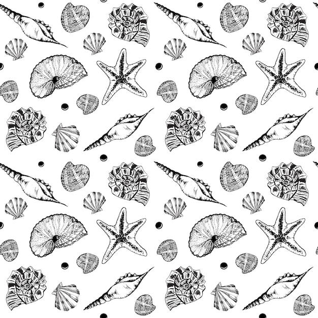 Ilustración de tinta dibujada a mano patrón sin costuras en blanco y negro con conchas marinas estrellas y perlas