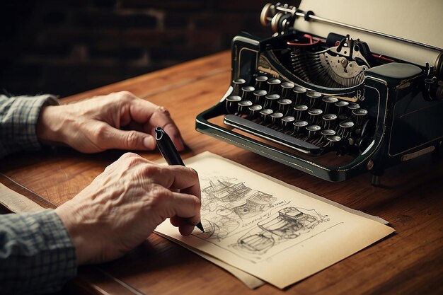 Ilustración de tinta retro dibujada a mano por un escritor de máquina de escribir vintage