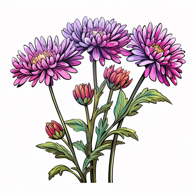 Ilustración de tinta vectorial de flores de asteres de tallo largo muy detallada