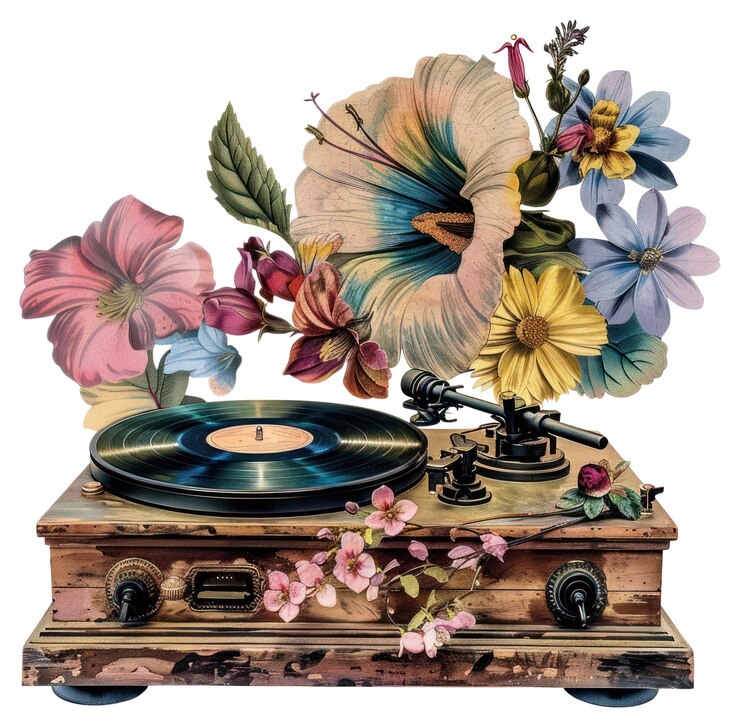 Foto ilustración de un tocadiscos floral vintage de png