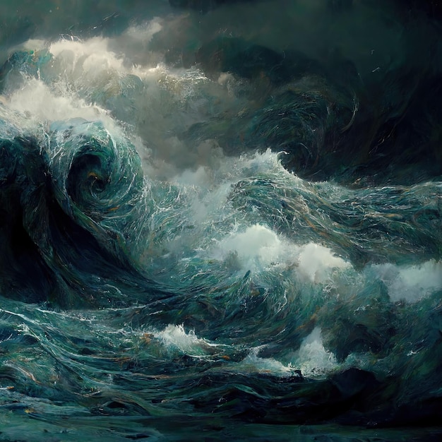 Ilustración de una tormenta en medio del océano con enormes olas y un cielo gris IA generativa IA generativa