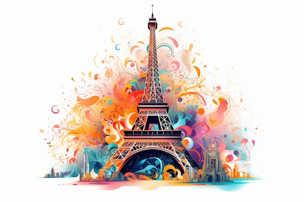 Ilustración de la Torre Eiffel con salpicaduras y remolinos coloridos