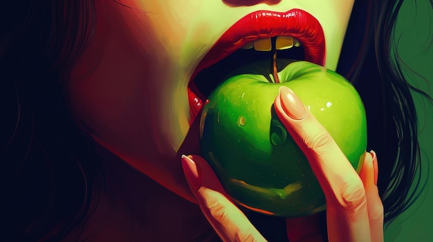 Ilustración del torso de una mujer caucásica mordiendo una manzana verde