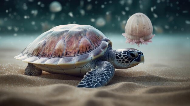 Foto ilustración de tortuga en 3d en el mar claro