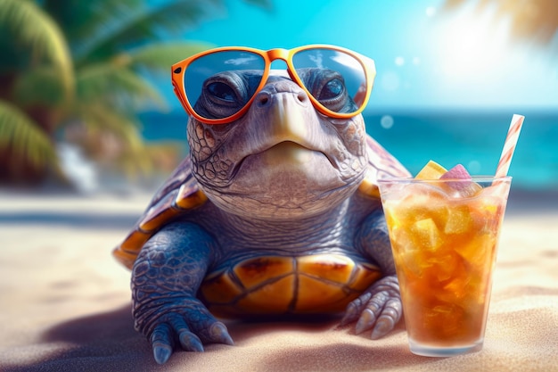 Ilustración de una tortuga feliz con gafas de sol y un cóctel en la playa Vacaciones de verano Generativ AI