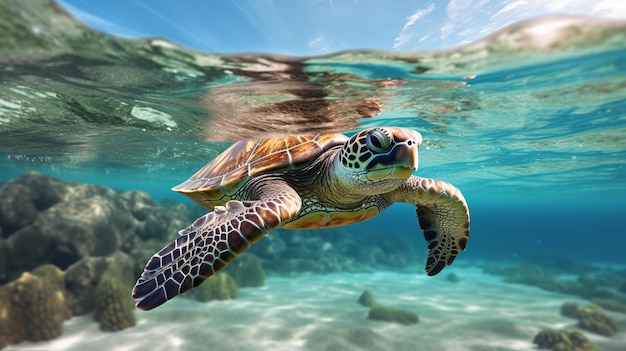 Ilustración de una tortuga nadando cerca de un vibrante arrecife de coral en el mar