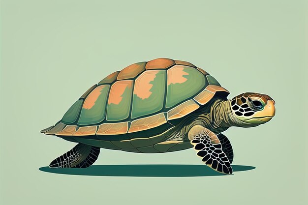 Foto ilustración de una tortuga sobre un fondo verde en estilo de dibujos animados