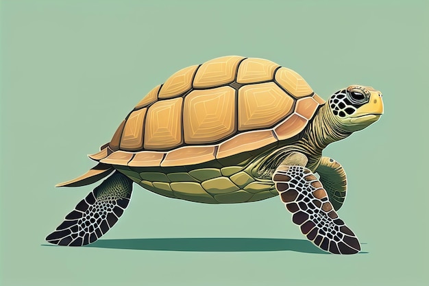 Ilustración de una tortuga sobre un fondo verde en estilo de dibujos animados