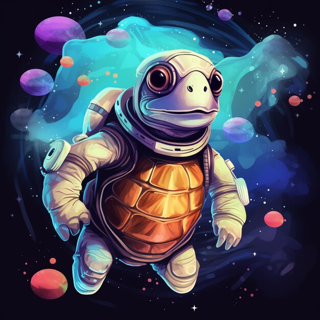 Ilustración de una tortuga en un traje espacial con casco y gafas generativas ai