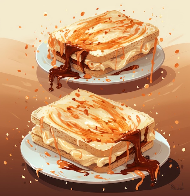 Ilustración de tostadas con mantequilla de maní Delicioso desayuno