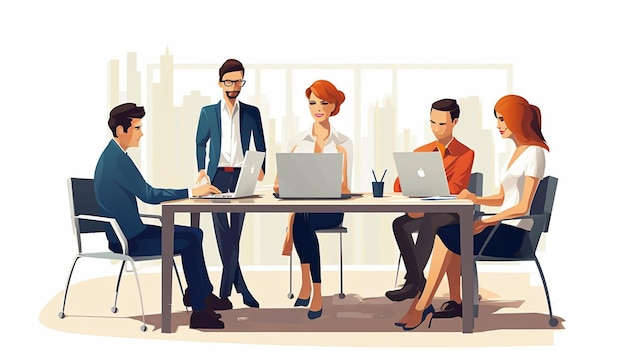 Ilustración de trabajo en equipo reuniendo a personas de negocios en el lugar de trabajo de la oficina Tecnología de colaboración y trabajadores hombres o empleados que planean investigación de ventas o estrategia financiera en la empresa