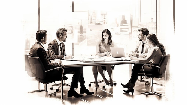 Ilustración de trabajo en equipo reuniendo a personas de negocios en el lugar de trabajo de la oficina Tecnología de colaboración y trabajadores hombres o empleados que planean investigación de ventas o estrategia financiera en la empresa