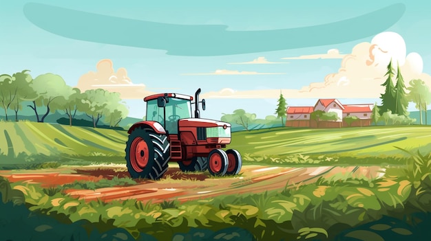 ilustración de un tractor en un campo con una granja al fondo ai generativo