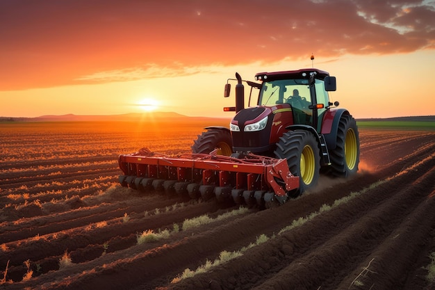 Ilustración de un tractor rojo arando un campo dorado al atardecer