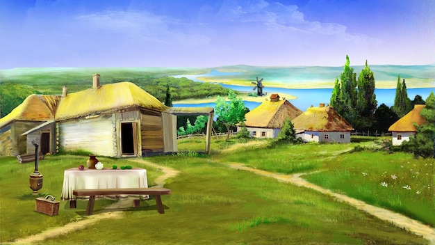 Ilustración tradicional de la aldea ucraniana