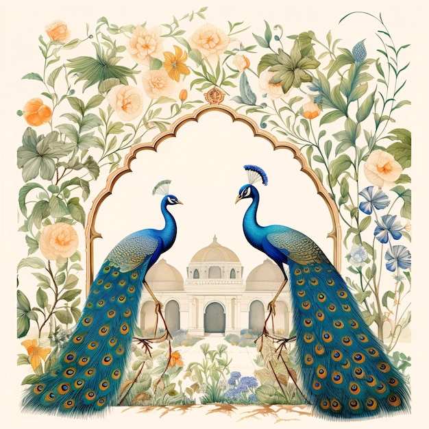 Ilustración tradicional de la planta de pavo real y el pájaro del jardín mogol