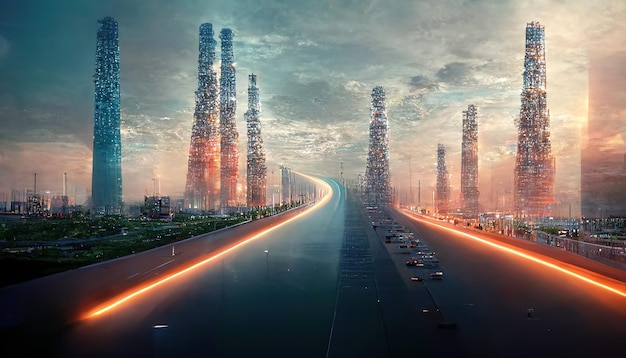 Ilustración de trama de la carretera en la metrópolis con enormes rascacielos Luz roja de neón a lo largo de las torres de tráfico de automóviles con luces de la ciudad edificios de tecnologías de cielo nublado Representación 3D del concepto futuro