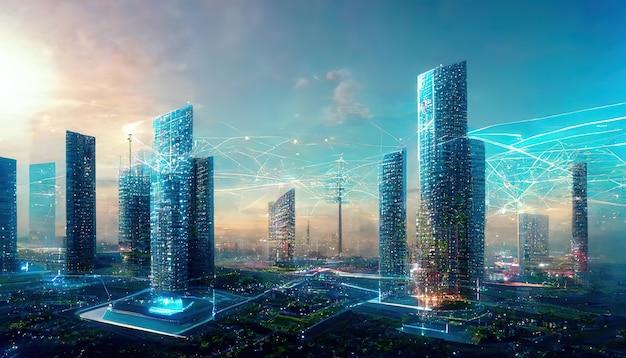 Ilustración de trama de la ciudad moderna con torres de comunicación con cables de neón azul Esfera de conexión a Internet de electricidad con red móvil 5g futuros edificios de cielo oscuro Obra de arte 3D