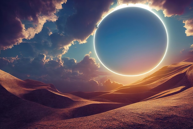 Ilustración de trama del eclipse solar en el desierto Nubes esponjosas en el cielo dunas de arena sol cuerpos celestes puesta de sol luz solar anillo espacio Naturaleza concepto Fondo de arte 3D para negocios