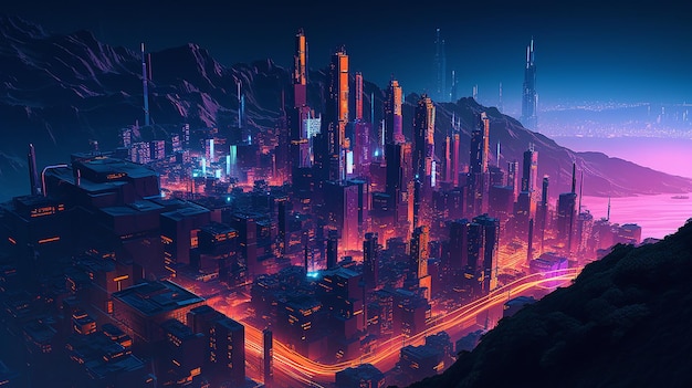 Ilustración de trama fotográfica de los edificios cyberpunk de la ciudad moderna nocturna Generada por IA