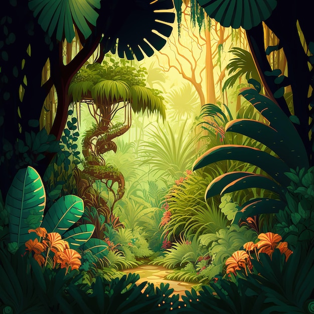 Ilustración de la trama de la hermosa selva impenetrable de dibujos animados Plantas tropicales palmeras exóticas árboles arbustos salvajes vida salvaje safari trópico ecuador Concepto de belleza de la naturaleza Representación 3D
