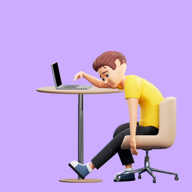 Ilustración de trama de un hombre aburrido frente a la computadora Un joven con una camiseta amarilla se sienta en su escritorio y mete el dedo en una computadora portátil aburrido triste melancolía Representación 3D de obras de arte para negocios