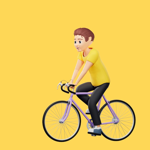 Ilustración de trama de un hombre montando en bicicleta Un chico joven con una camiseta amarilla monta en bicicleta entrega transporte velocidad tráfico reglas ciclo 3d renderizado ilustraciones para negocios y publicidad