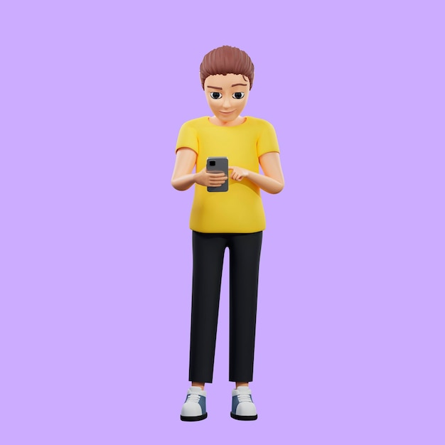 Ilustración de trama de un hombre navegando por Internet Un chico joven con una camiseta amarilla hace clic en el teléfono y se sienta en las redes sociales. Descansa la tecnología de trabajo.