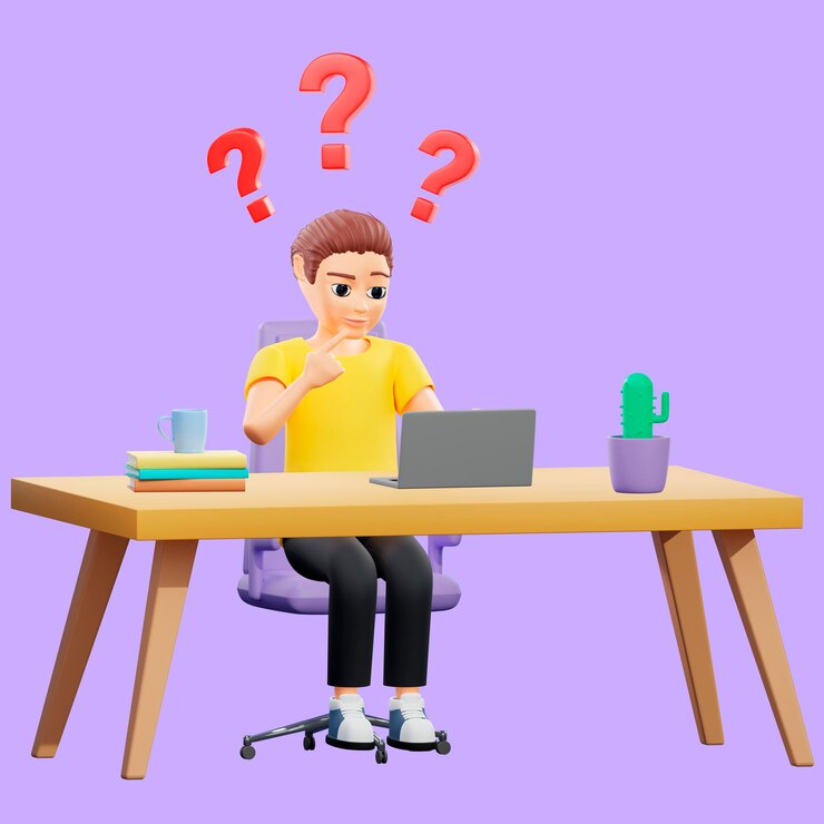 Foto ilustración de trama de un hombre pensando en la computadora con signos de interrogación un joven con una camiseta amarilla se sienta en su escritorio y mete el dedo en una computadora portátil melancólica representación 3d de obras de arte para negocios